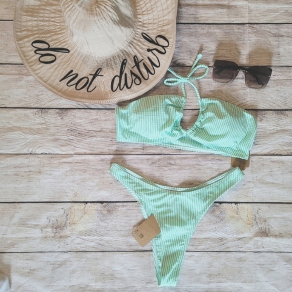 Sexy High Waist Bandeau Mint Striped Bikini✨️ - Picture 2 of 12